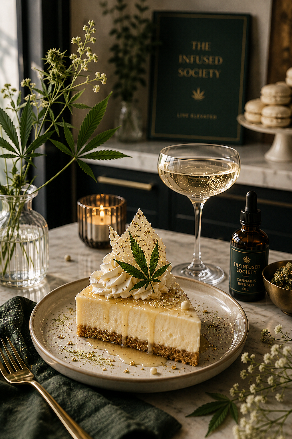 Slice of cheesecake topped with whipped cream, a cannabis leaf, and edible gold flakes on a plate. A glass of sparkling wine, a small bottle of cannabis-infused oil, and a cannabis plant in a vase are on the table. The background includes a candle, a sign that says "The Infused Society," and a tray of macarons.