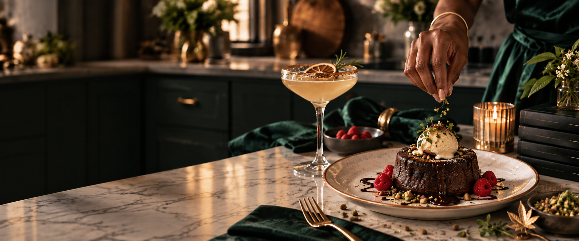 A decadent chocolate cake topped with white whipped cream, raspberries, and chopped nuts, with a glass of creamy cocktail garnished with orange slices and herbs on a marble countertop.