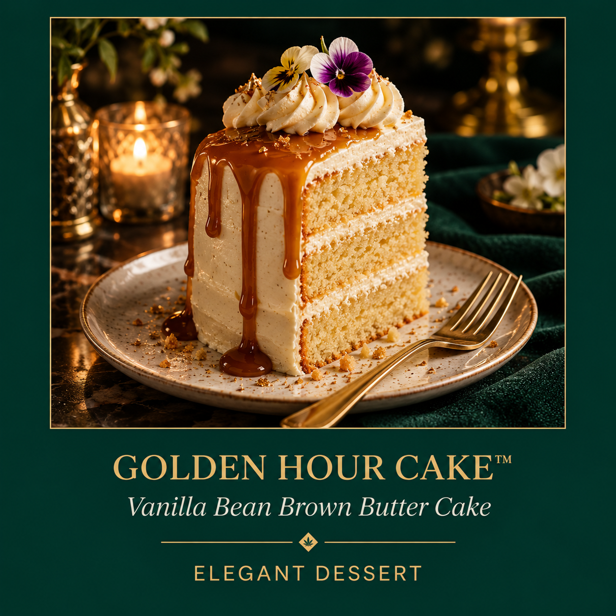 A slice of vanilla bean brown butter cake with caramel sauce, whipped cream, and edible flowers on top, served on a decorative plate with a gold fork, in a elegant setting with candlelight and flowers in the background.