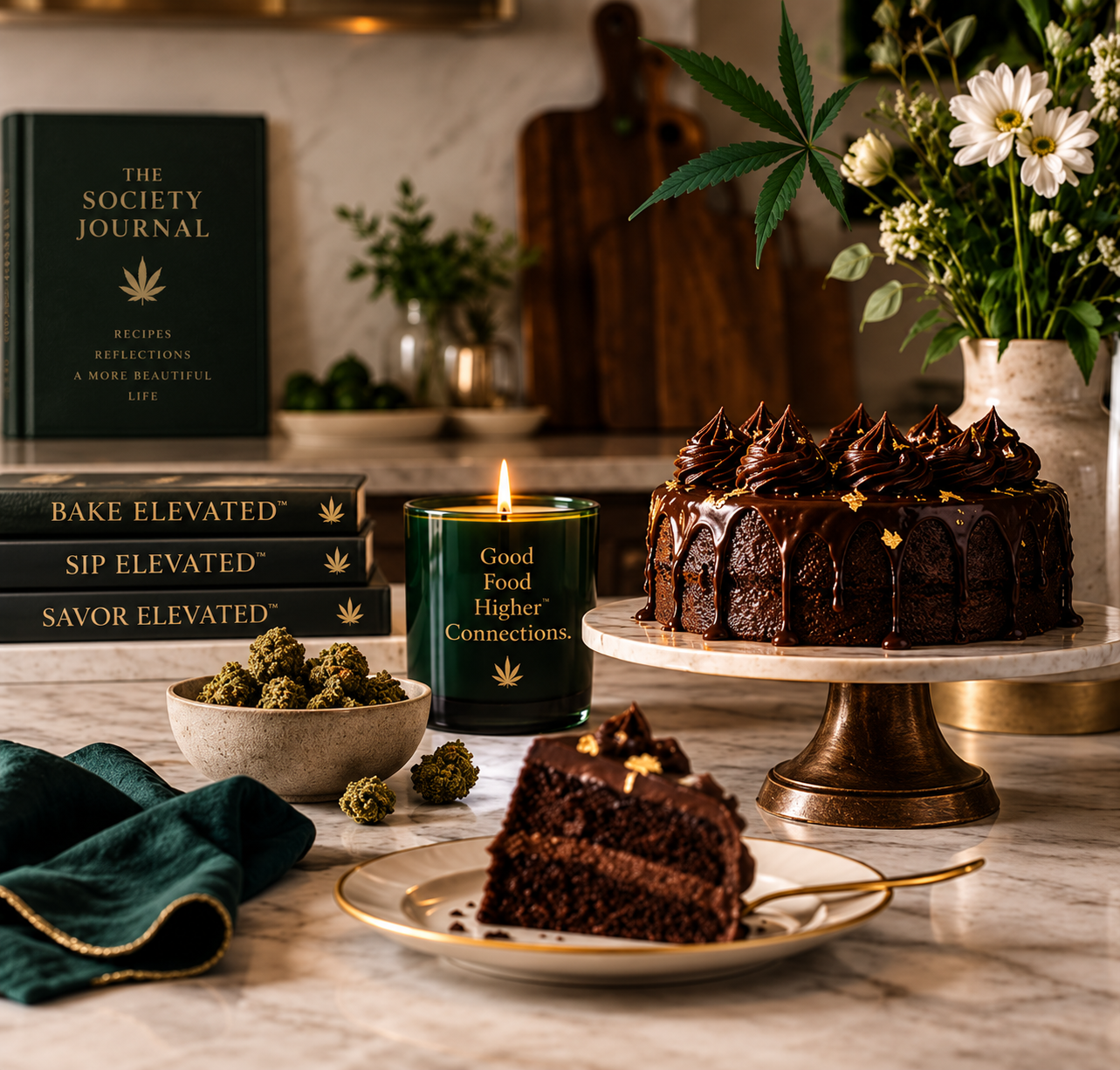 A chocolate cake with chocolate frosting and gold leaf decorations on a cake stand, a slice of chocolate cake on a plate, a green candle with the text "Good Food Higher Connections," a bowl of cannabis buds, and a leaf of cannabis in the background. There are also books about cannabis and a vase with white flowers and greenery.