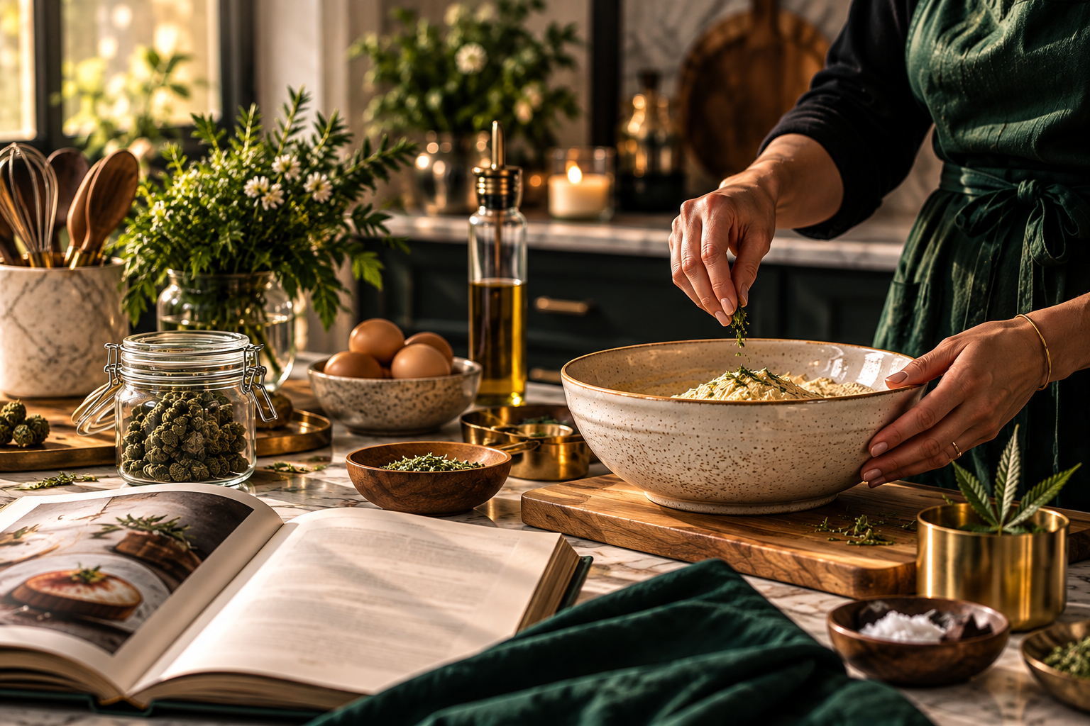 A person preparing a dish in a kitchen with herbs, eggs, and cooking ingredients on a marble countertop, with an open cookbook in view.