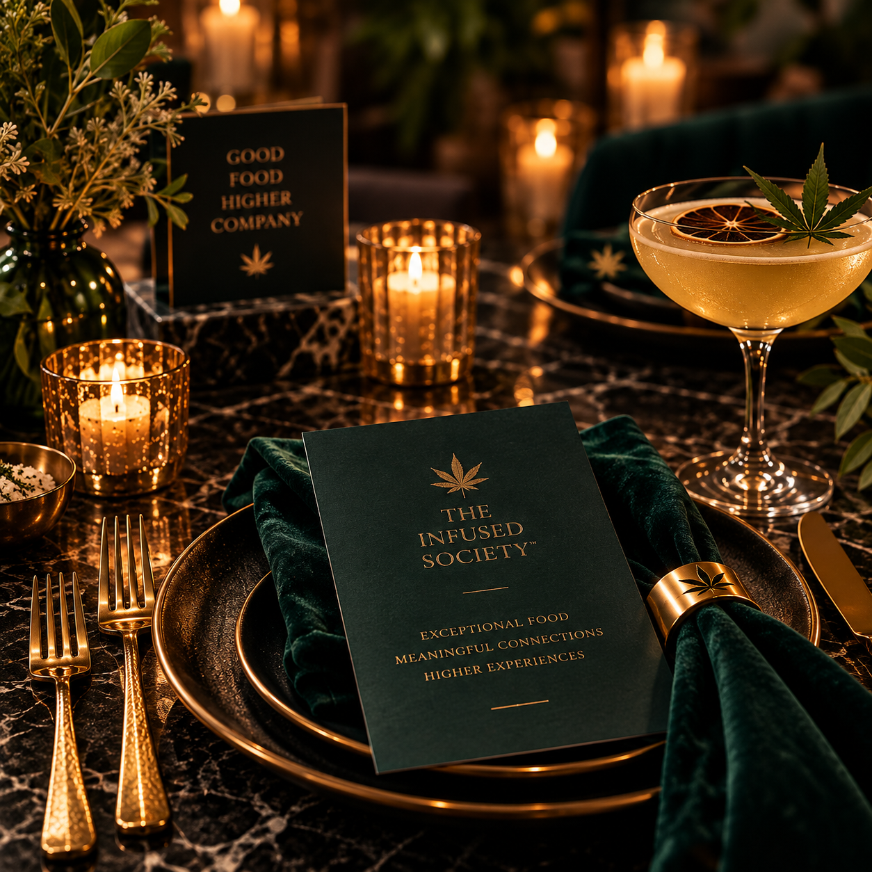 An elegant table setting with gold flatware, dark green velvet napkin, black and gold plates, lit candles, a menu titled "The Infused Society" with a cannabis leaf logo, a cocktail garnished with a lemon slice and cannabis leaf, and a floral arrangement in a green vase, all creating a luxurious atmosphere.