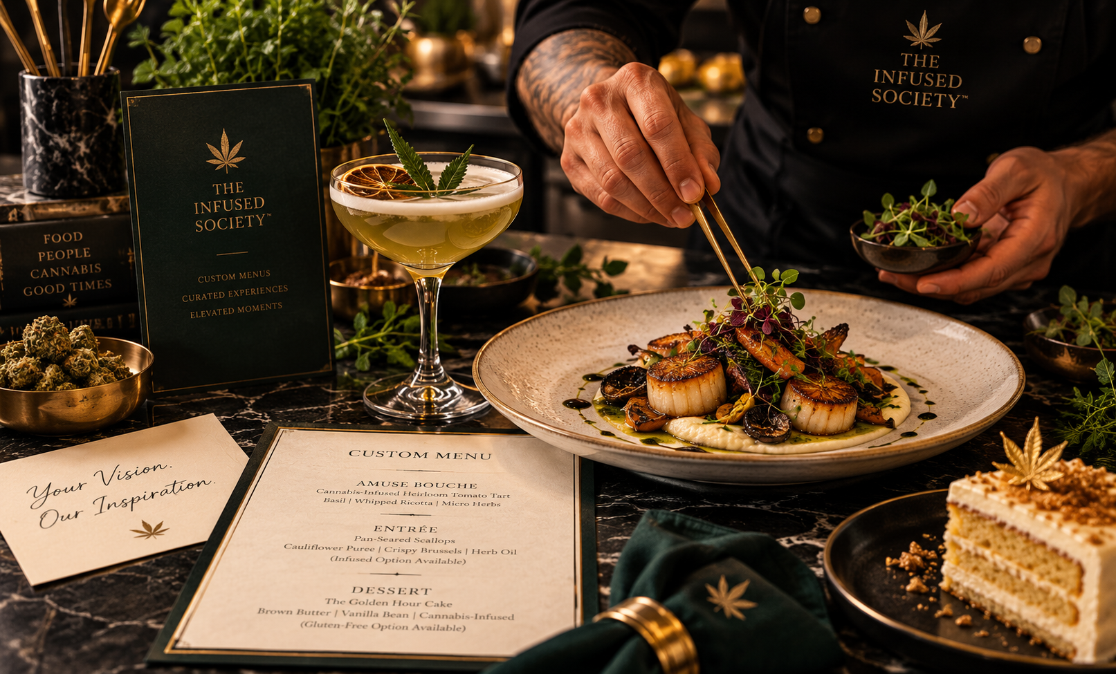 A chef garnishing a plated dish with microgreens at a restaurant. The restaurant's decor features cannabis-themed items, a menu with cannabis-infused options, and a cocktail with a cannabis leaf garnish. There is a slice of cake on a plate nearby.