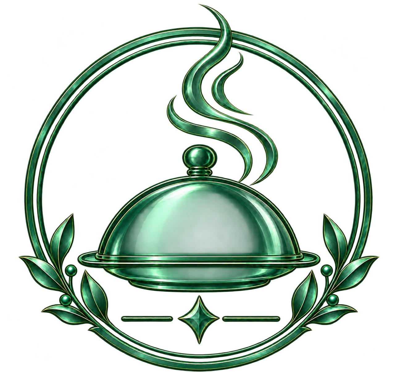 A green, metallic, vintage-style serving cloche with steam rising, surrounded by a laurel wreath.