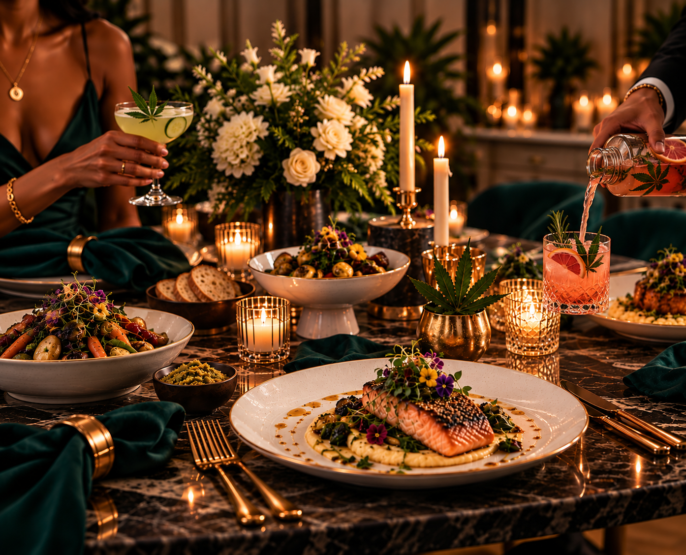 An elegant dinner table set with dishes, candles, and flowers, featuring a woman holding a cannabis leaf-themed cocktail and a person pouring a pink drink with cannabis leaf decor.
