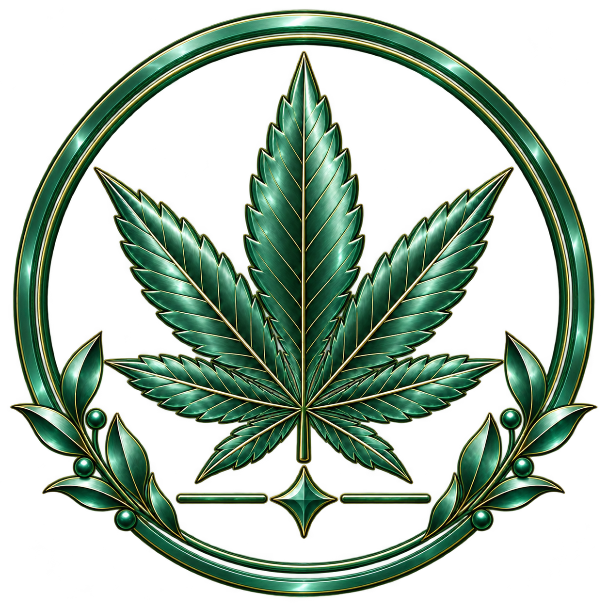 A decorative emblem featuring a green cannabis leaf surrounded by a circular wreath of green leaves and berries with gold accents.