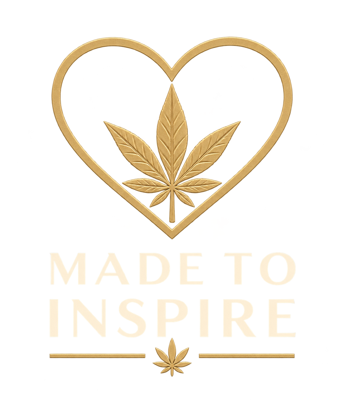 A graphic image with a gold heart outline and a large hemp leaf inside. The text below reads "Made to Inspire". The background features yellow and black with some additional graphic elements.