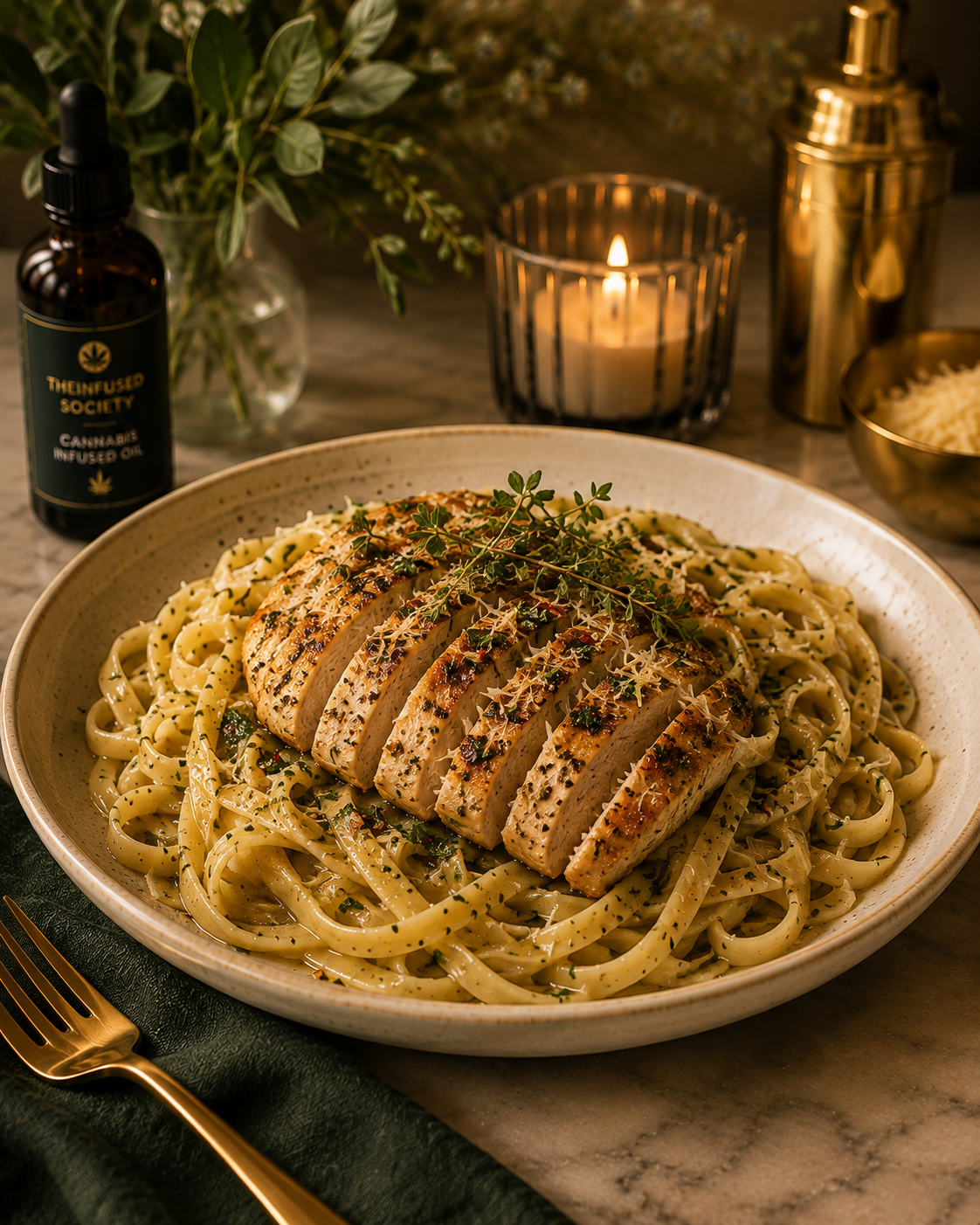 A plate of cooked pasta topped with sliced grilled chicken breast, garnished with herbs, on a beige ceramic dish. In the background, there is a candle, a bottle of cannabis-infused oil, a gold cocktail shaker, and a bowl of grated cheese, with a small vase of greenery nearby.