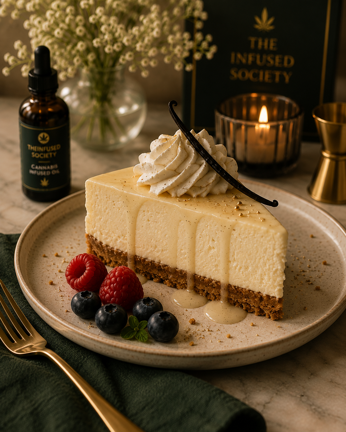 A slice of cheesecake with whipped cream, vanilla bean, and gold sprinkles on top, served on a beige plate with raspberries, blueberries, and mint leaves, with a gold fork on a dark green napkin, and cannabis-infused oil in a small dark bottle in the background.