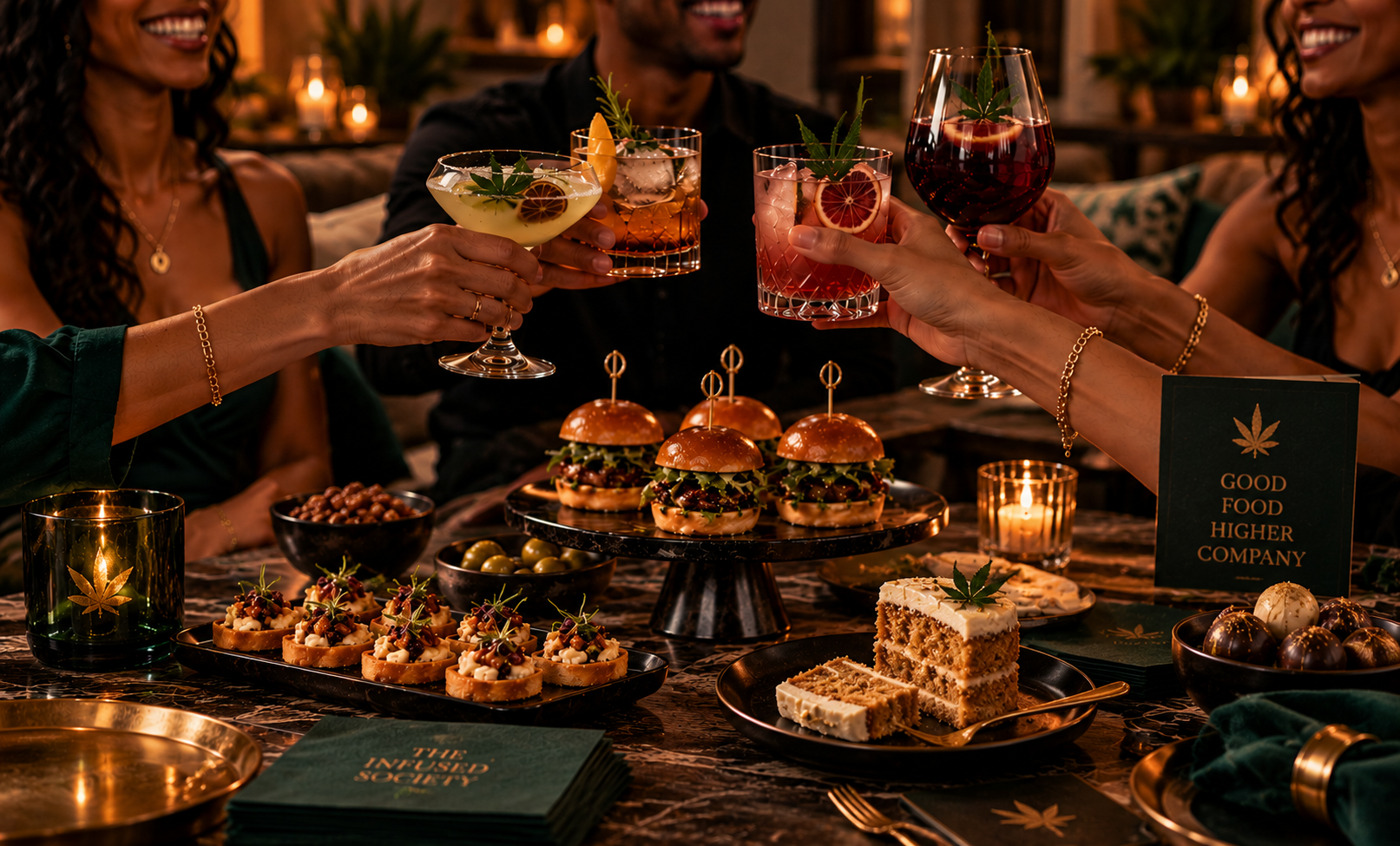People celebrating with cocktails and a variety of appetizers, including mini burgers, canapés, chocolate truffles, and cake, at a dinner party with cannabis-themed decorations and candles.
