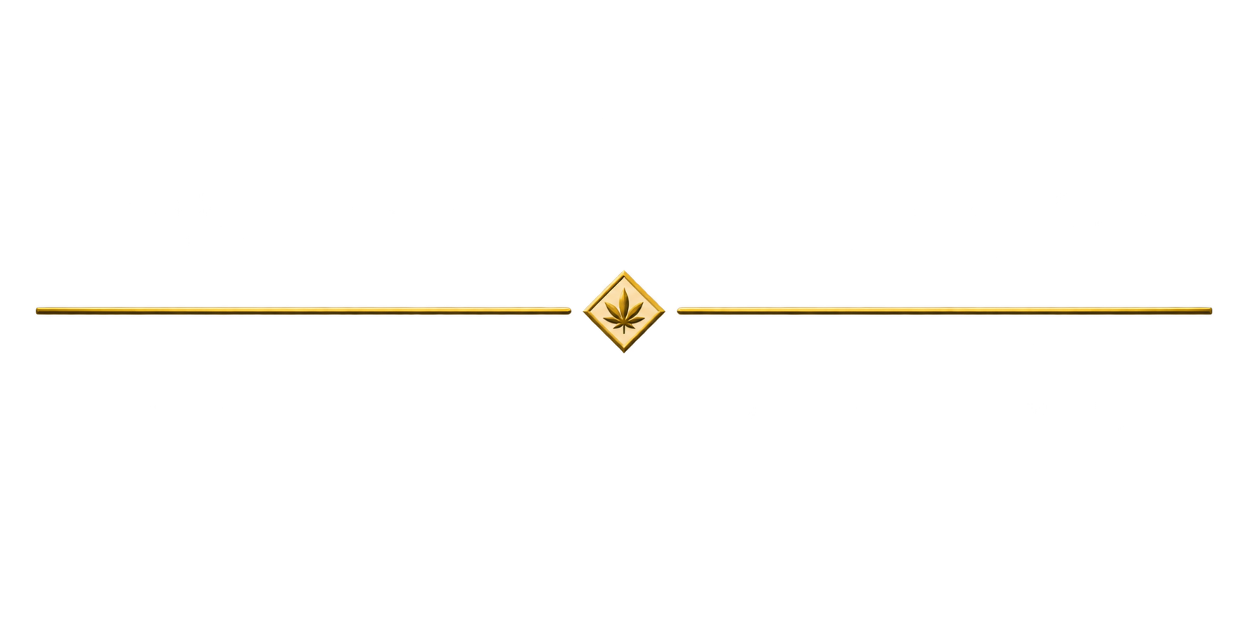 A decorative black and gold horizontal line with a gold diamond shape in the center featuring a cannabis leaf symbol.