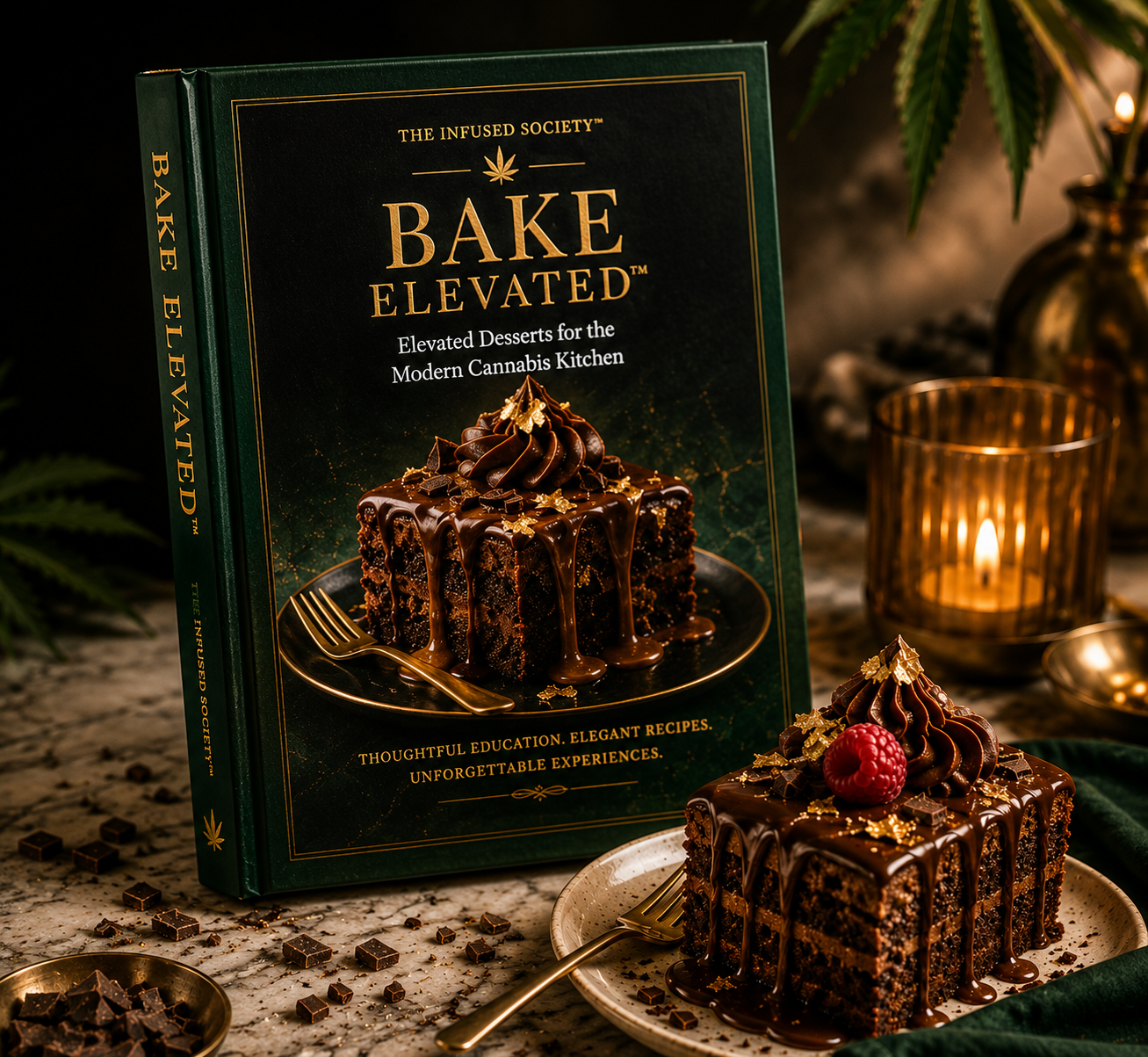 A cookbook titled "Bake Elevated" featuring a chocolate cake on the cover, surrounded by a plated slice of the same cake with a raspberry on top, a fork, a candle in a glass holder, scattered chocolate pieces, and a green leaf in the background.