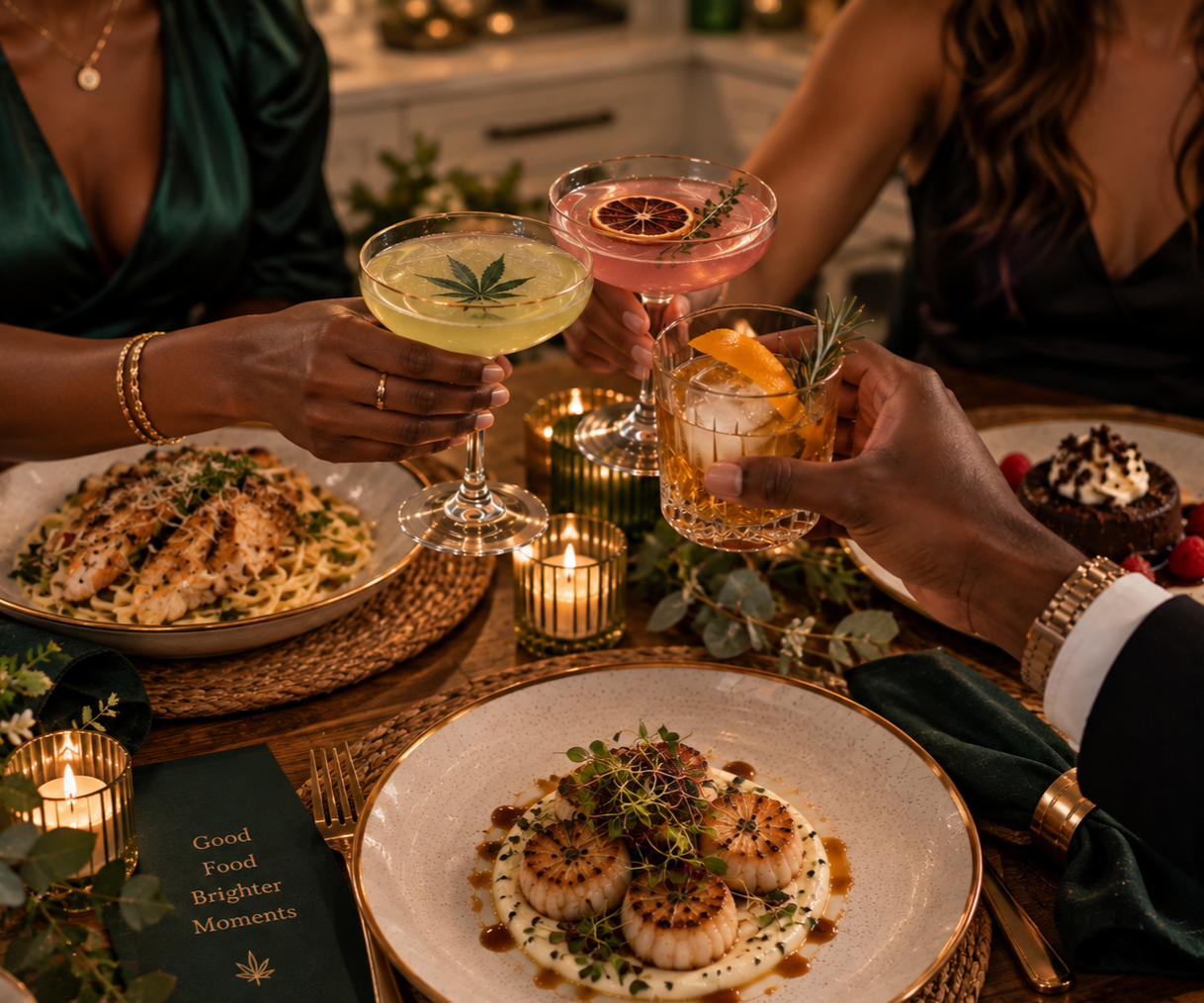 People clinking cocktails over a dinner table with pasta and seafood, candles, and a chocolate dessert in a cozy, candle-lit setting.