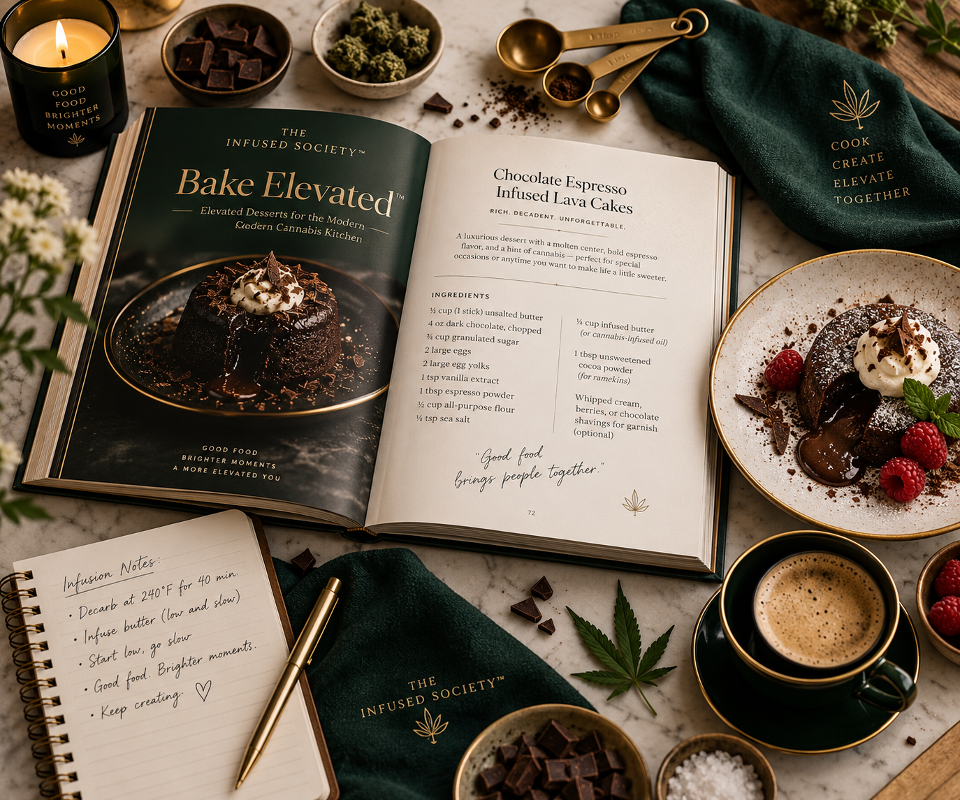 Open cookbook displaying chocolate espresso lava cake recipe surrounded by ingredients, a plate with lava cake garnished with raspberries, a cup of coffee, a lit candle, and notes on infusion preparation, set on a marble surface with decorative plants and gold accents.