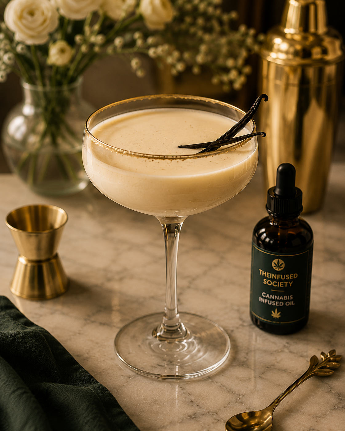 A cocktail in a coupe glass garnished with vanilla beans, with a bottle of cannabis-infused oil, a gold jigger, and a gold spoon on a marble surface, with white flowers in the background.