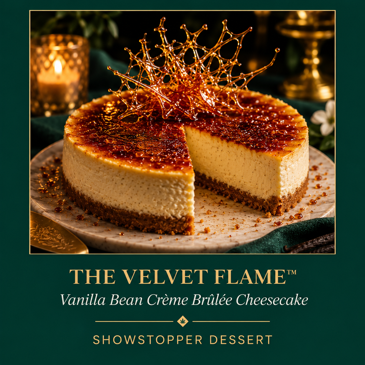 A vanilla bean crème brûlée cheesecake with a caramelized sugar top and a decorative gold sugar garnish on a white plate, with candles and green plants in the background.