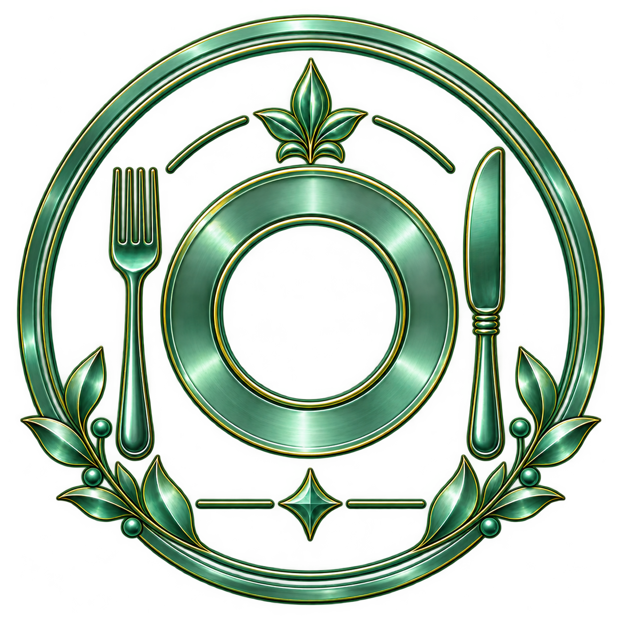 Decorative emblem with a green metallic finish featuring a central plate, flanked by a fork on the left and a knife on the right, surrounded by a laurel wreath and floral motifs.
