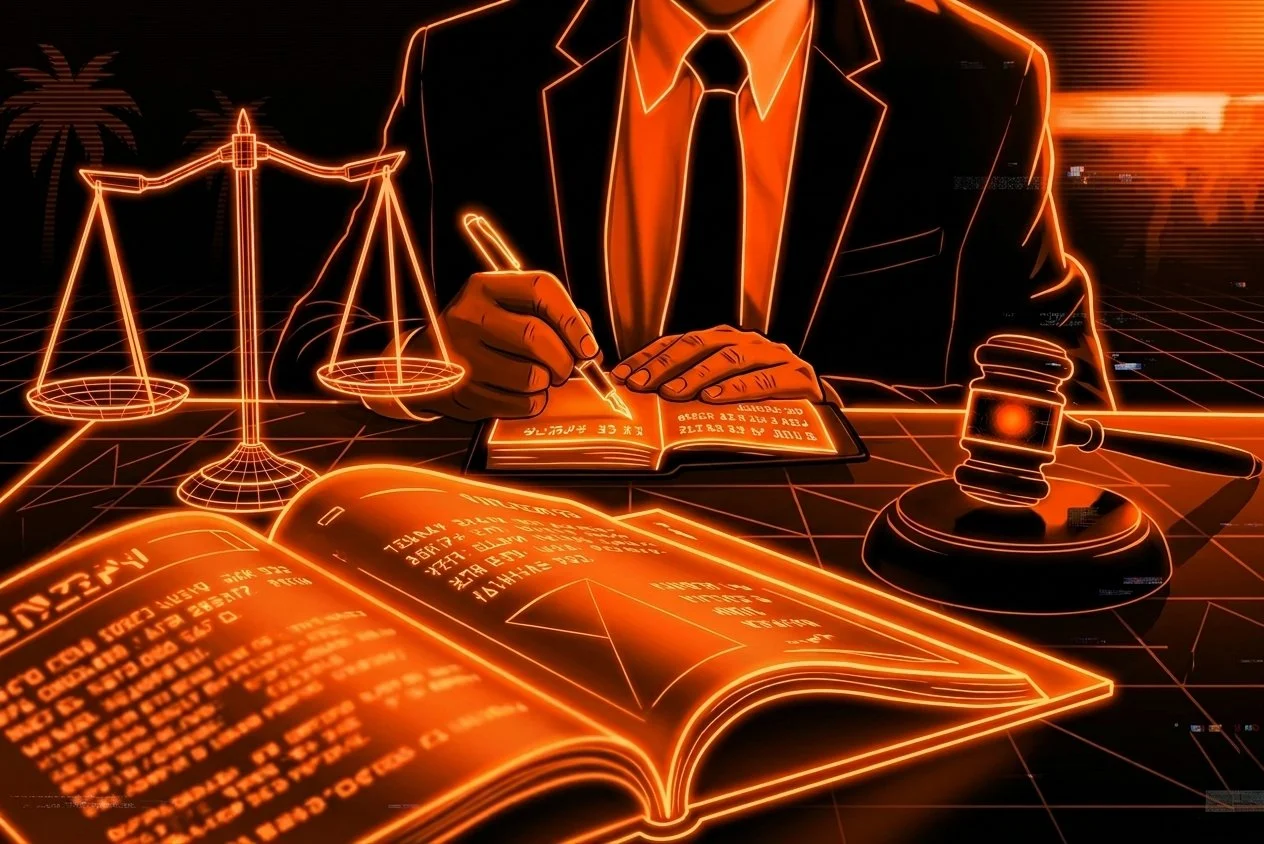 Futuristic digital illustration of a person in a suit writing in a notebook, with a gavel, scales of justice, and open book outlined in glowing orange lines, symbolizing law and justice.