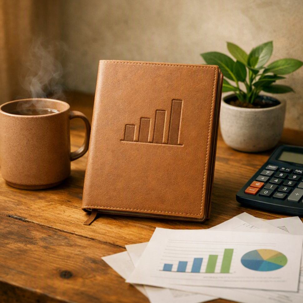A brown leather-bound notebook with a bar graph embossed on the cover, a steaming coffee mug, a calculator, a plant in a pot, and some spreadsheets with charts on a wooden desk.