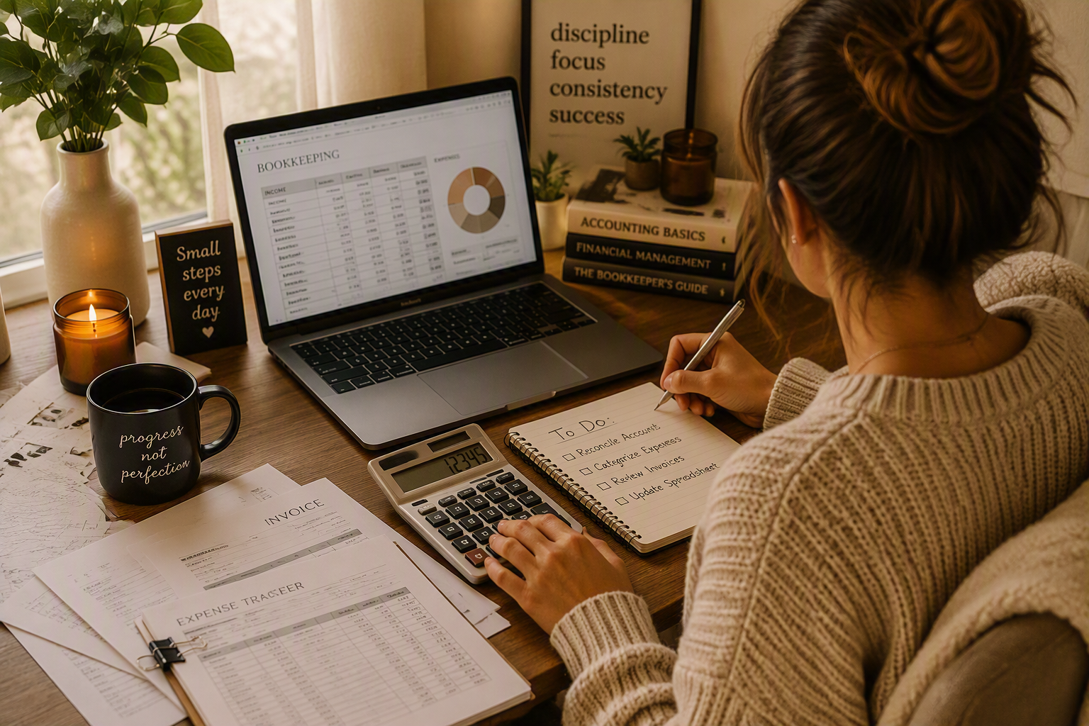 A woman working at her desk with a laptop displaying bookkeeping spreadsheets, surrounded by financial documents, a calculator, a coffee mug, a candle, and a notebook with a to-do list.