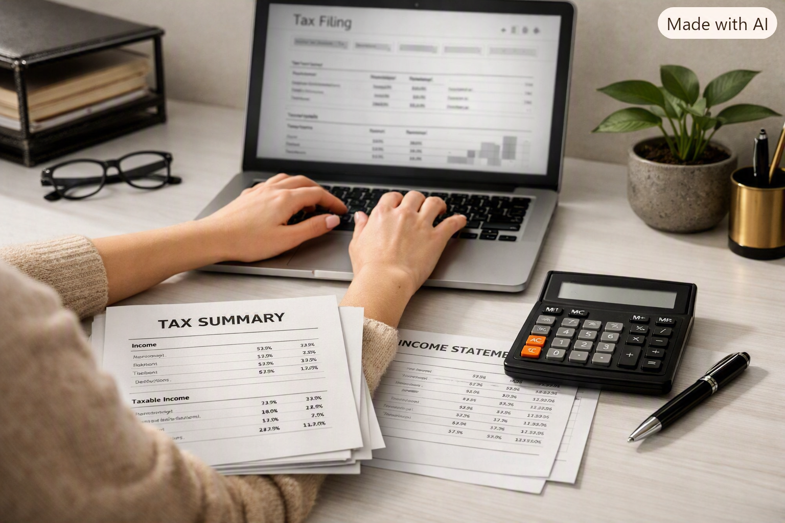 Person working on tax filing at a desk with a laptop displaying a tax document, tax summary papers, a calculator, a pen, a pair of glasses, and a potted plant on the desk.