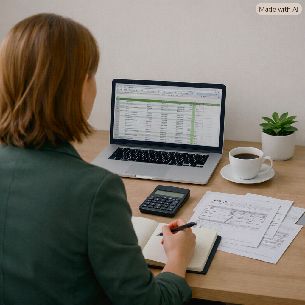 A woman with reddish-brown hair in a green blazer working at a desk with a laptop displaying a spreadsheet, a calculator, notes, and invoices, with a cup of coffee and a potted plant on the desk.
