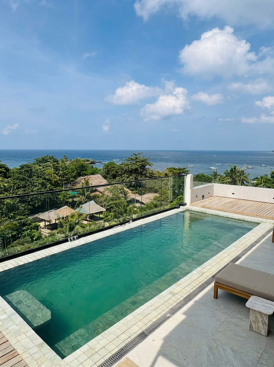 Swimming pool on a terrace overlooking a tropical landscape and the ocean under a blue sky with clouds.