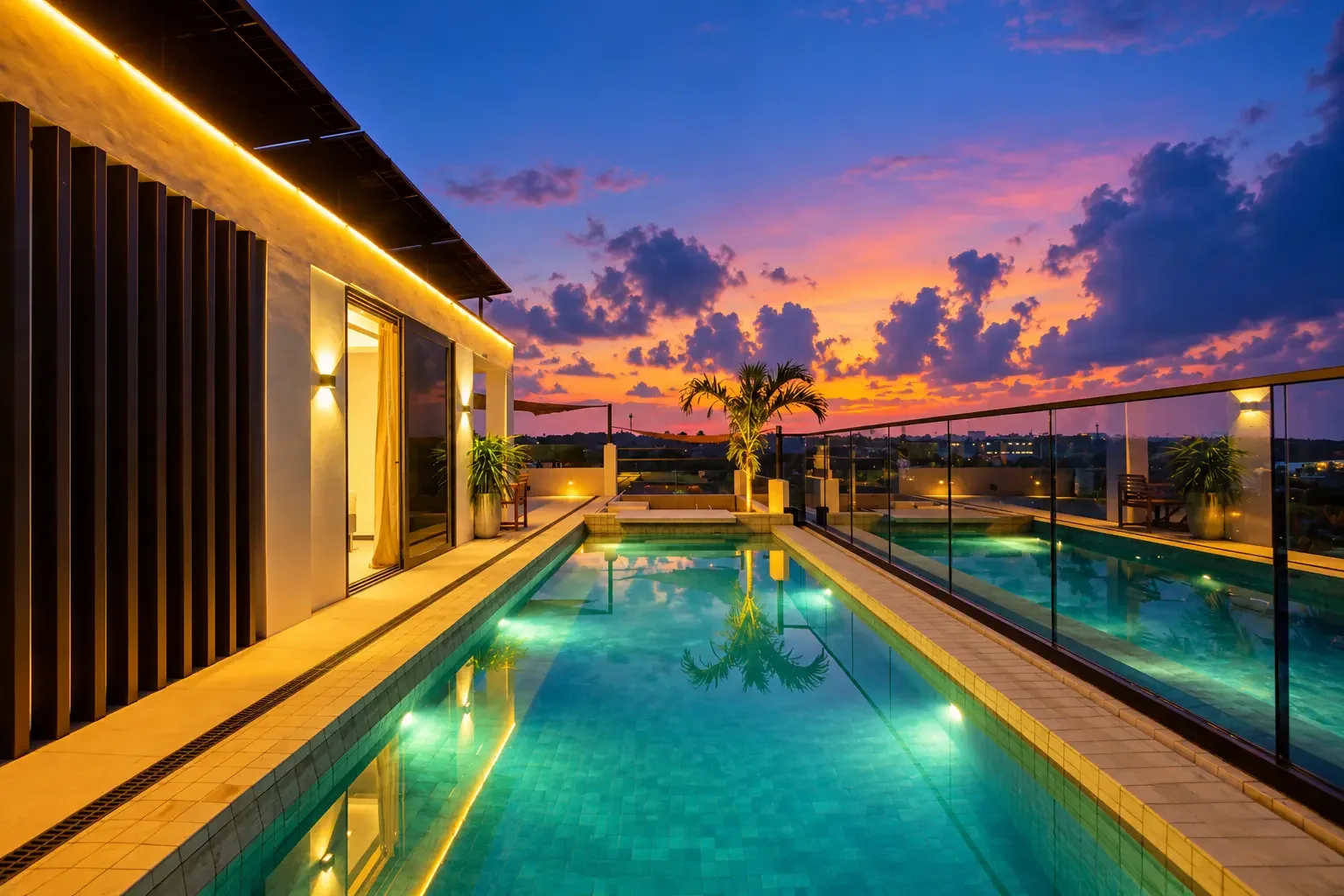 Rooftop swimming pool at sunset, illuminated by interior and exterior lights, with a city skyline in the background and a colorful sky with clouds.