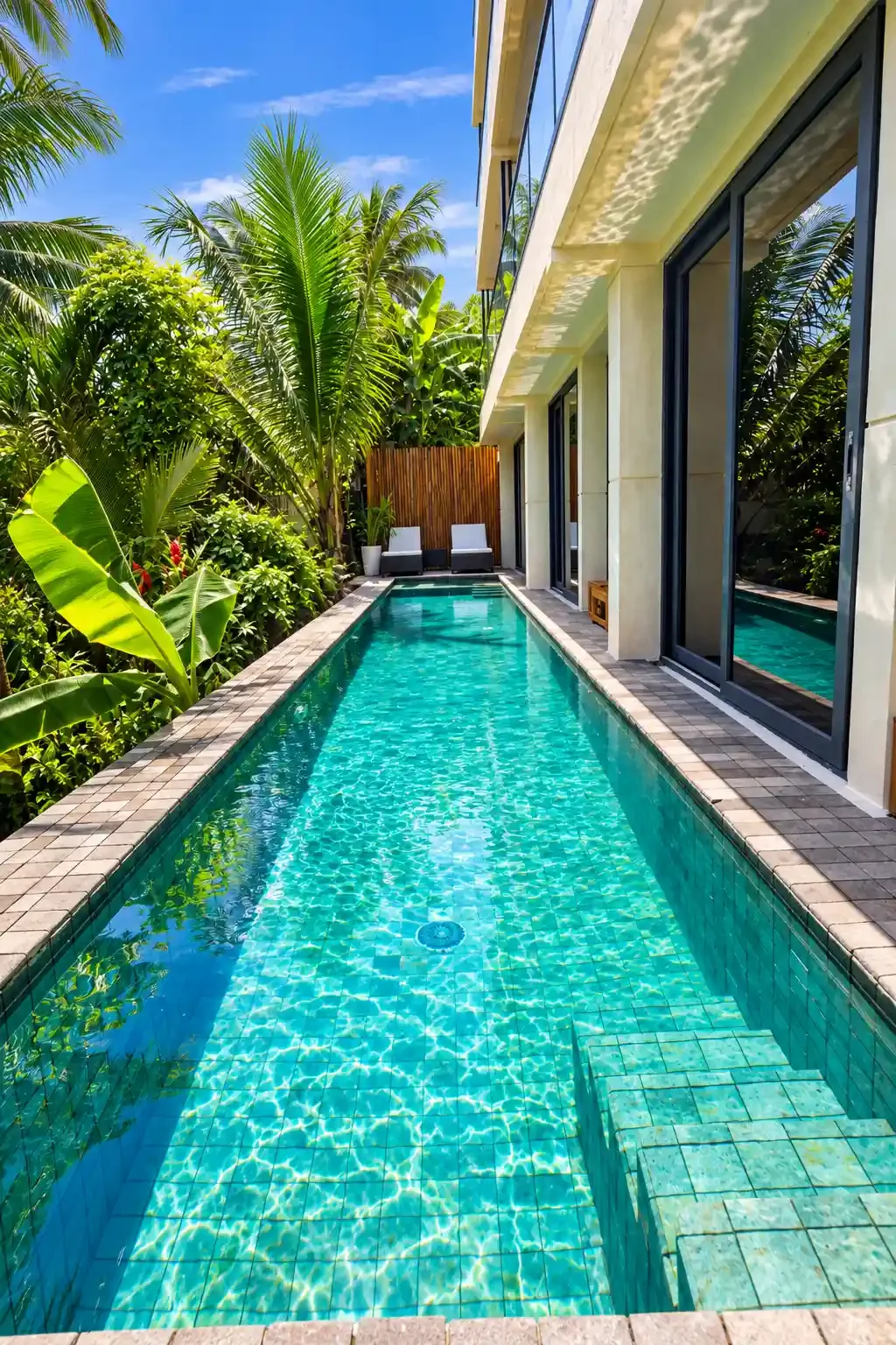 A narrow swimming pool with turquoise water, lined with beige tiles, next to a modern house with large glass doors, surrounded by lush tropical plants including banana and palm trees under a bright blue sky.