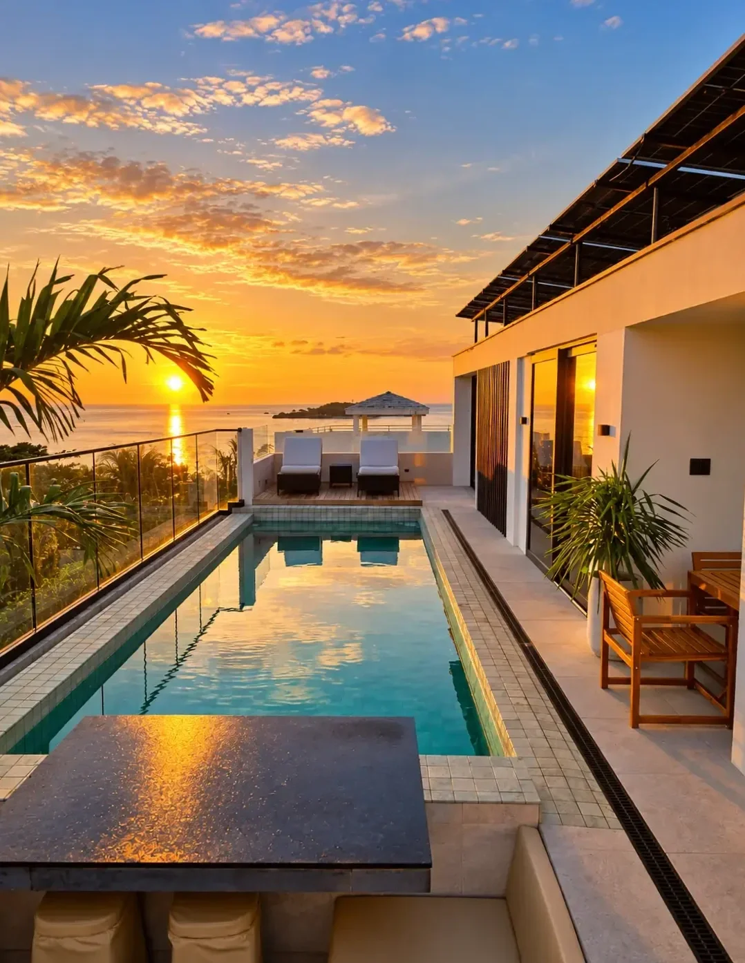 Sunset view from a luxurious balcony with a swimming pool, overlooking the ocean, with lounge chairs, potted plants, and modern building architecture.