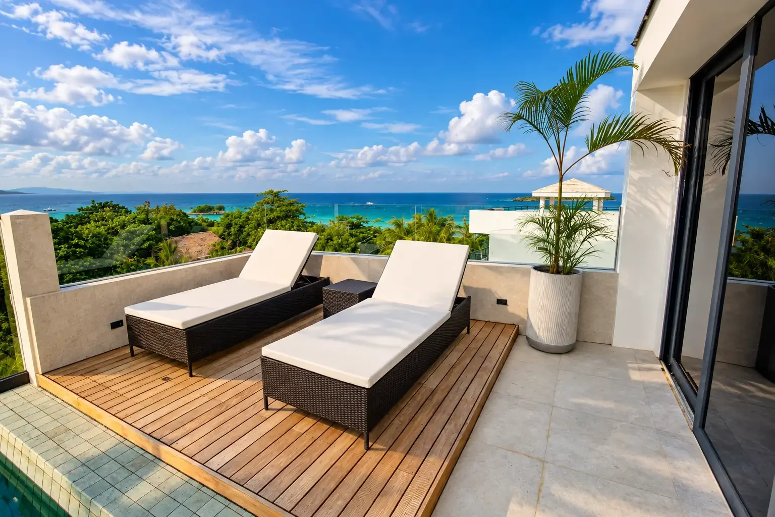 Balcony with two lounge chairs and a potted plant overlooking a tropical landscape and ocean under a partly cloudy sky.