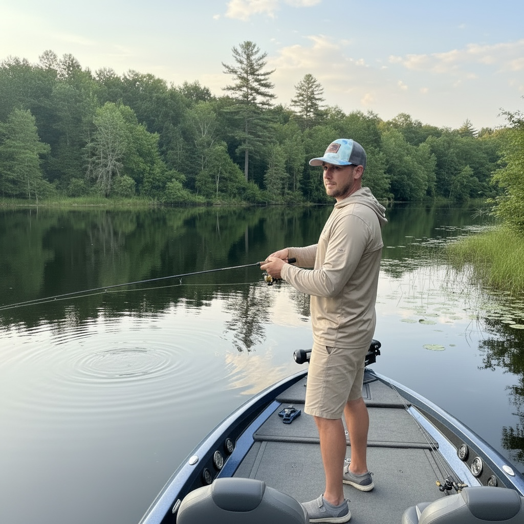 A man standing on a boat fishing in a calm lake surrounded by trees and greenery.