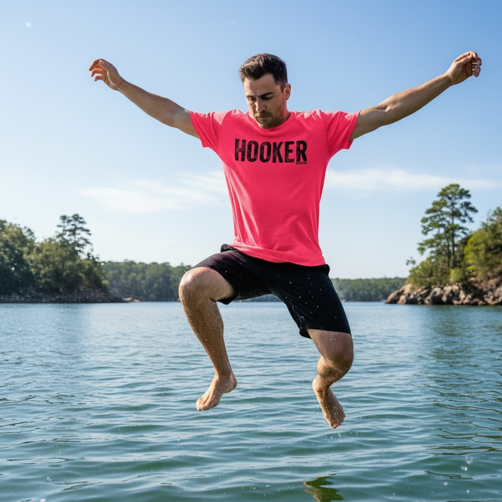 A man wearing a pink T-shirt with the word 'HOOKER' printed on it is jumping into a body of water with arms and legs spread out, surrounded by a natural landscape with trees and a clear sky.