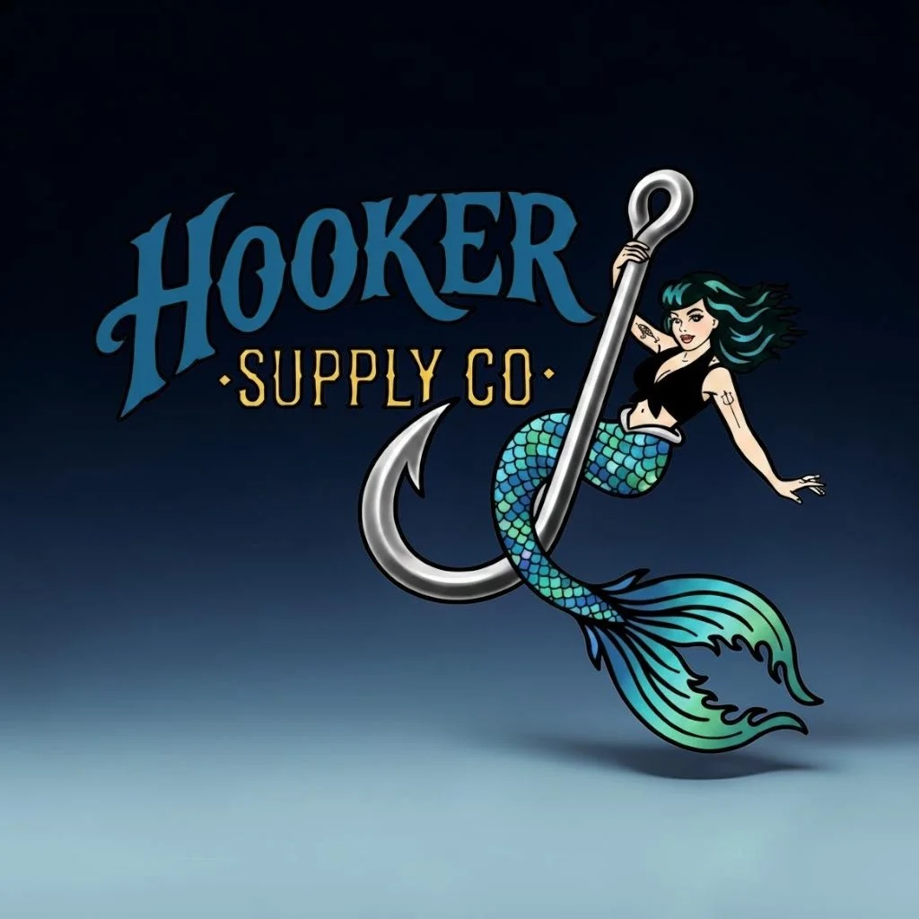 Logo for Hooker Supply Co. with a mermaid character holding a fishing hook.
