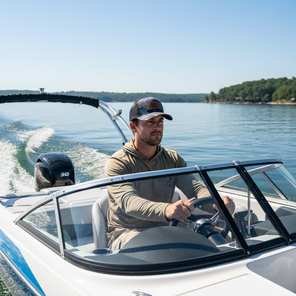 A man wearing a cap and hoodie driving a motorboat on a lake with clear blue water and distant green shoreline under a bright sky.
