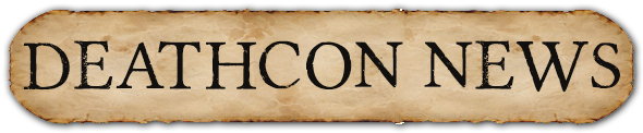 Old parchment-style sign with the text 'Deathcon News' in black letters.