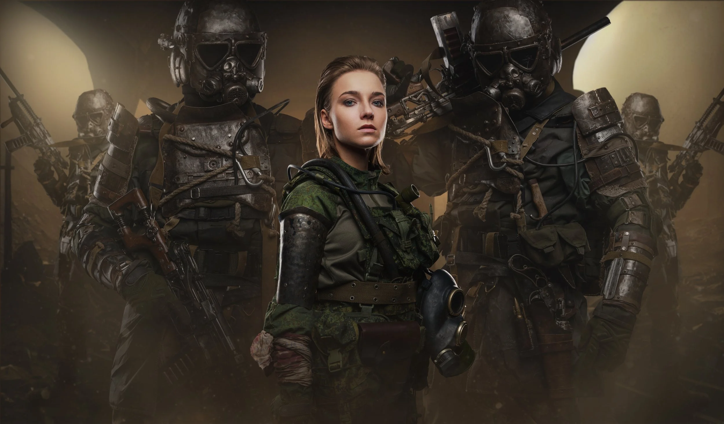 A group of soldiers in tactical gear, including gas masks and camouflage uniforms, standing in formation with one female soldier in front.