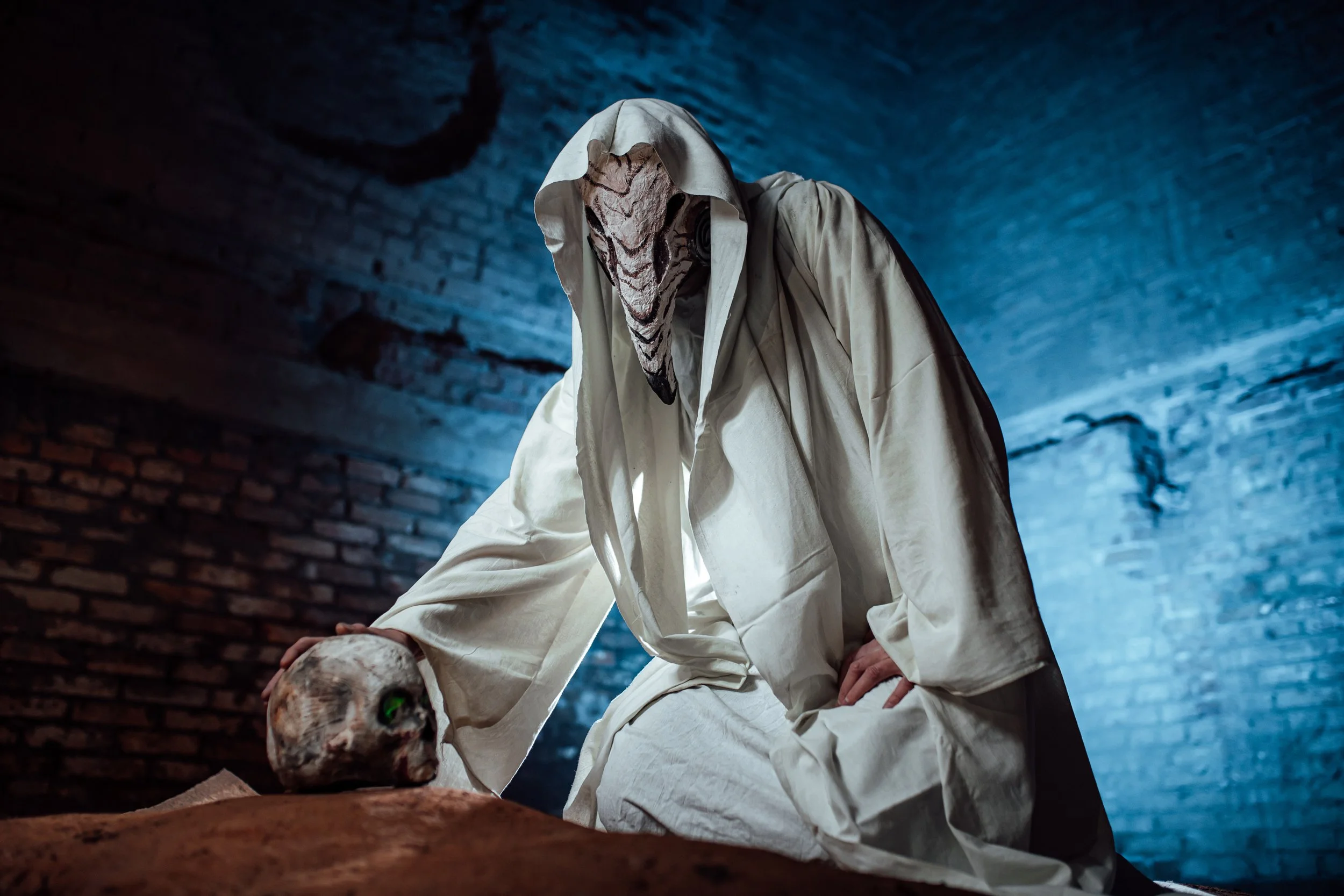 A person dressed as a plague doctor with a beak-shaped mask and white robes, kneeling and touching a skull with green eyes in a dimly lit, stone-walled room.