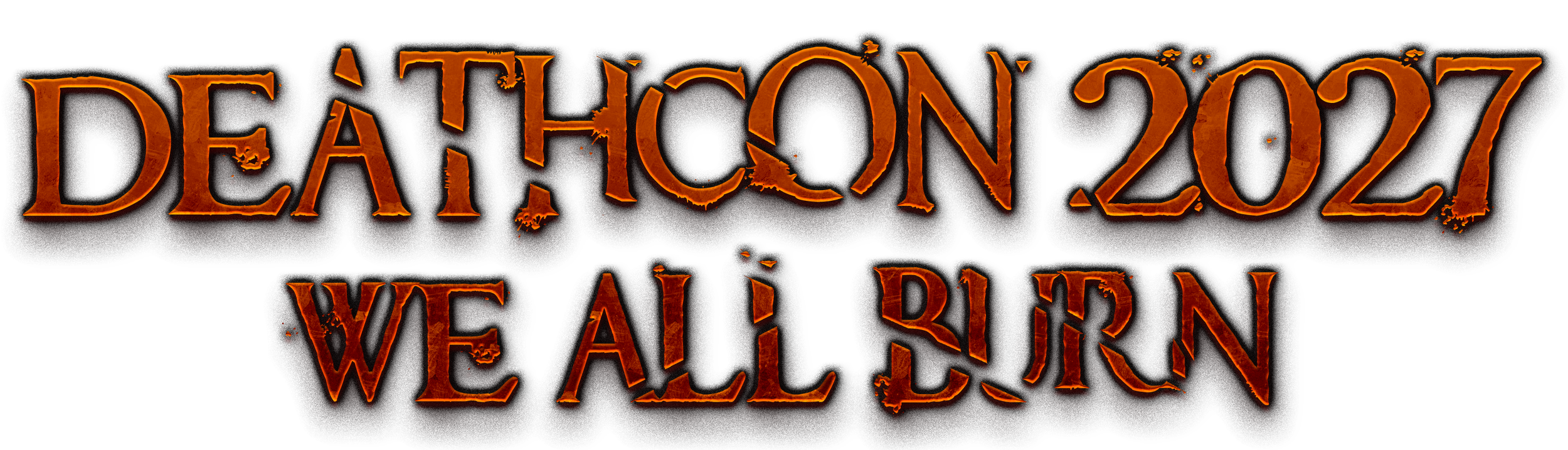 Text reading 'DeathCon 2021 we all burn' in an orange fiery font on a black background.
