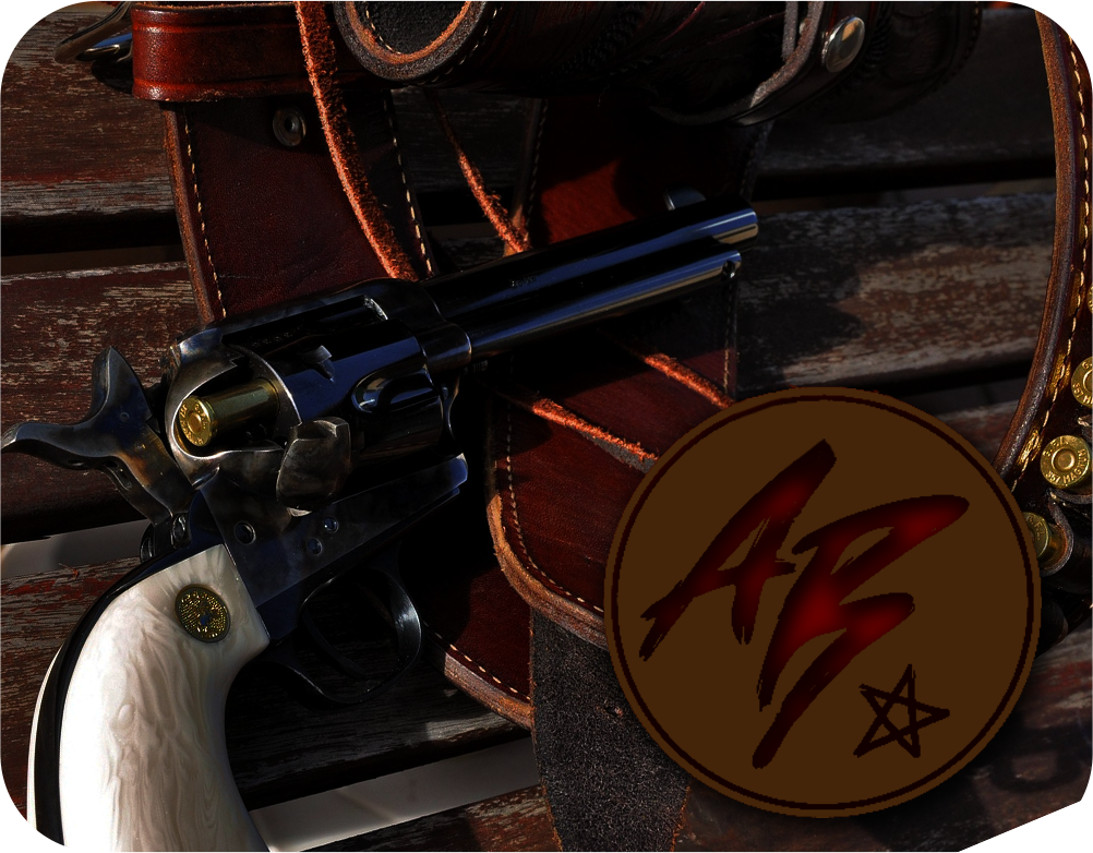 A revolver with a black barrel and a white grip, a leather gun holster or case, and a metal chain are placed on a wooden surface. There is a round, brown sticker with red graffiti-style writing and a star symbol partially covering the items.
