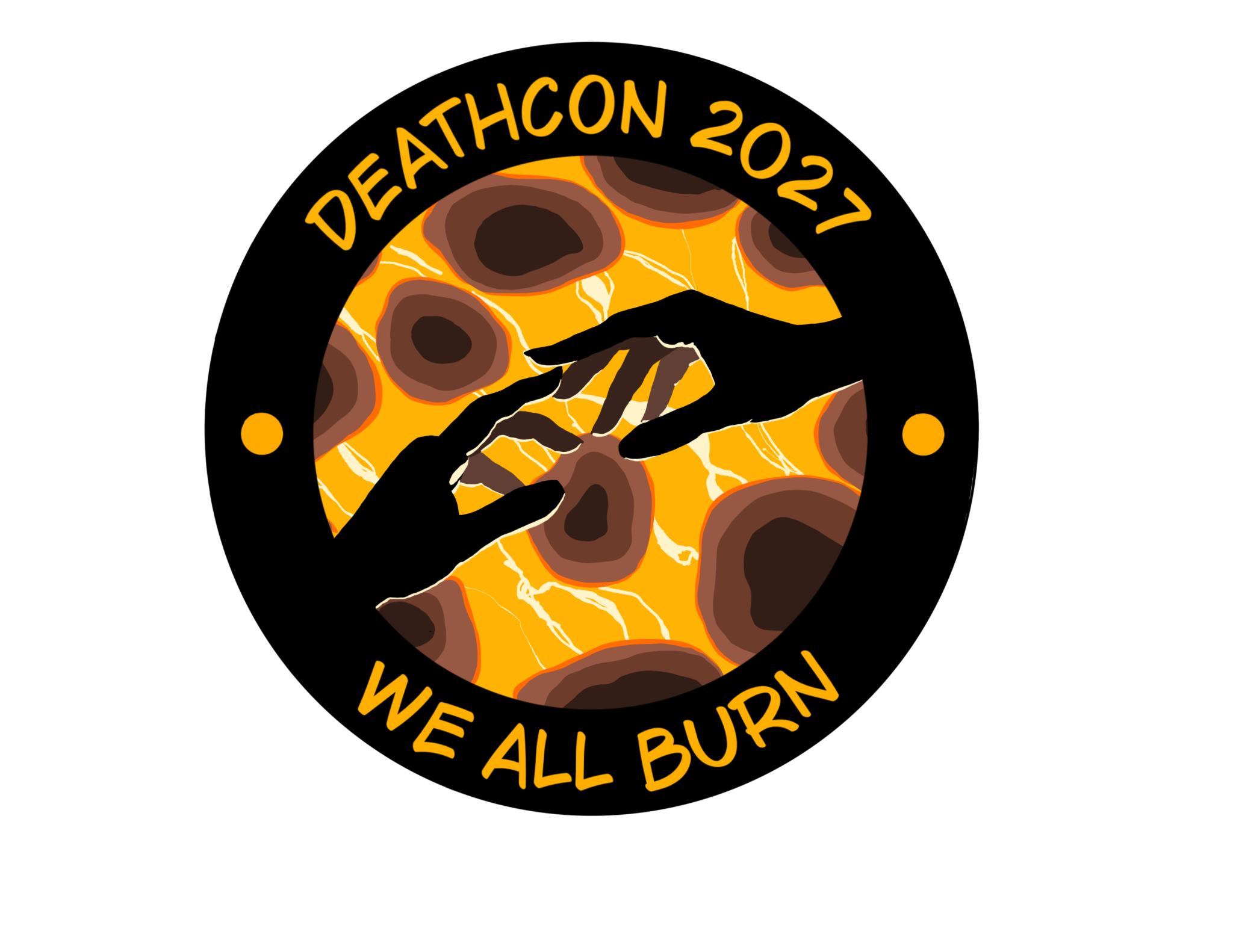 Black background logo with the outline of hands above magma. Above the image, the text reads "DEATHCON 2021" and below, it says "WE ALL BURN" in yellow letters.