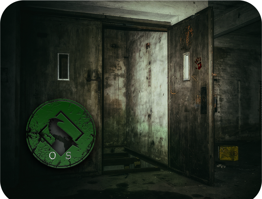 Inside a dark, abandoned room with a partially open door, rusty peeling walls, and a green circular logo with the letters "O" and "S" in the bottom left corner.