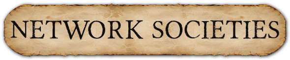 Close-up of a sign with the words 'Network Societies' in vintage style font.