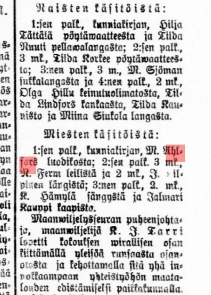 Kuvassa on vanhan lehden tekstiä suomenkielisenä. Tekstissä on luettelo eri paikoista ja henkilöistä, mukaan lukien maininta rangaistus- ja tuomioistuinprosesseista.