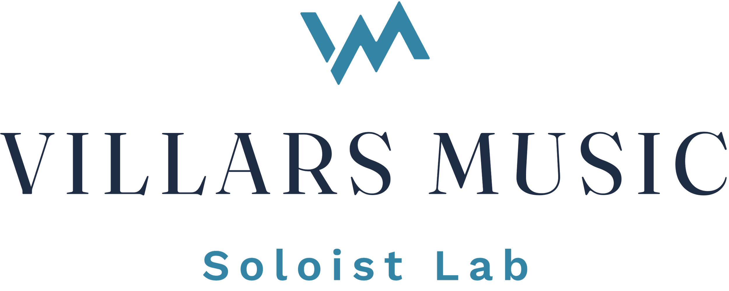 Logo for Villars Music Soloist Lab with the name in navy blue text and a stylized blue mountain icon above the text.