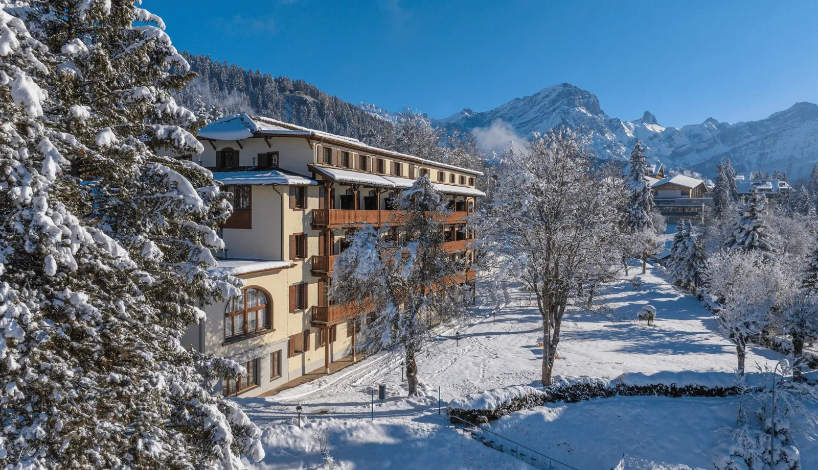 Snow-covered trees and houses on a hillside with mountains in the background during a clear winter day.