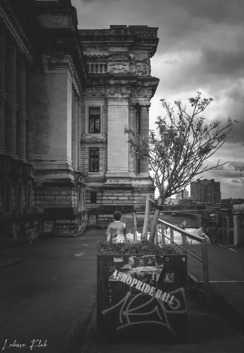 Black and white photo of a person sitting on steps beside a small tree in a cityscape, with ornate historic building and modern buildings in the background under cloudy sky.