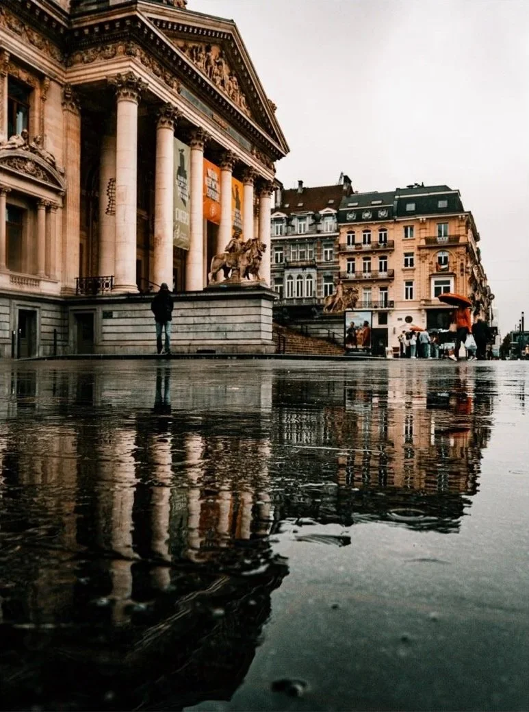 View of a grand historic building with columns and sculptures, wet pavement reflecting the scene, and people walking with umbrellas on a cloudy day.