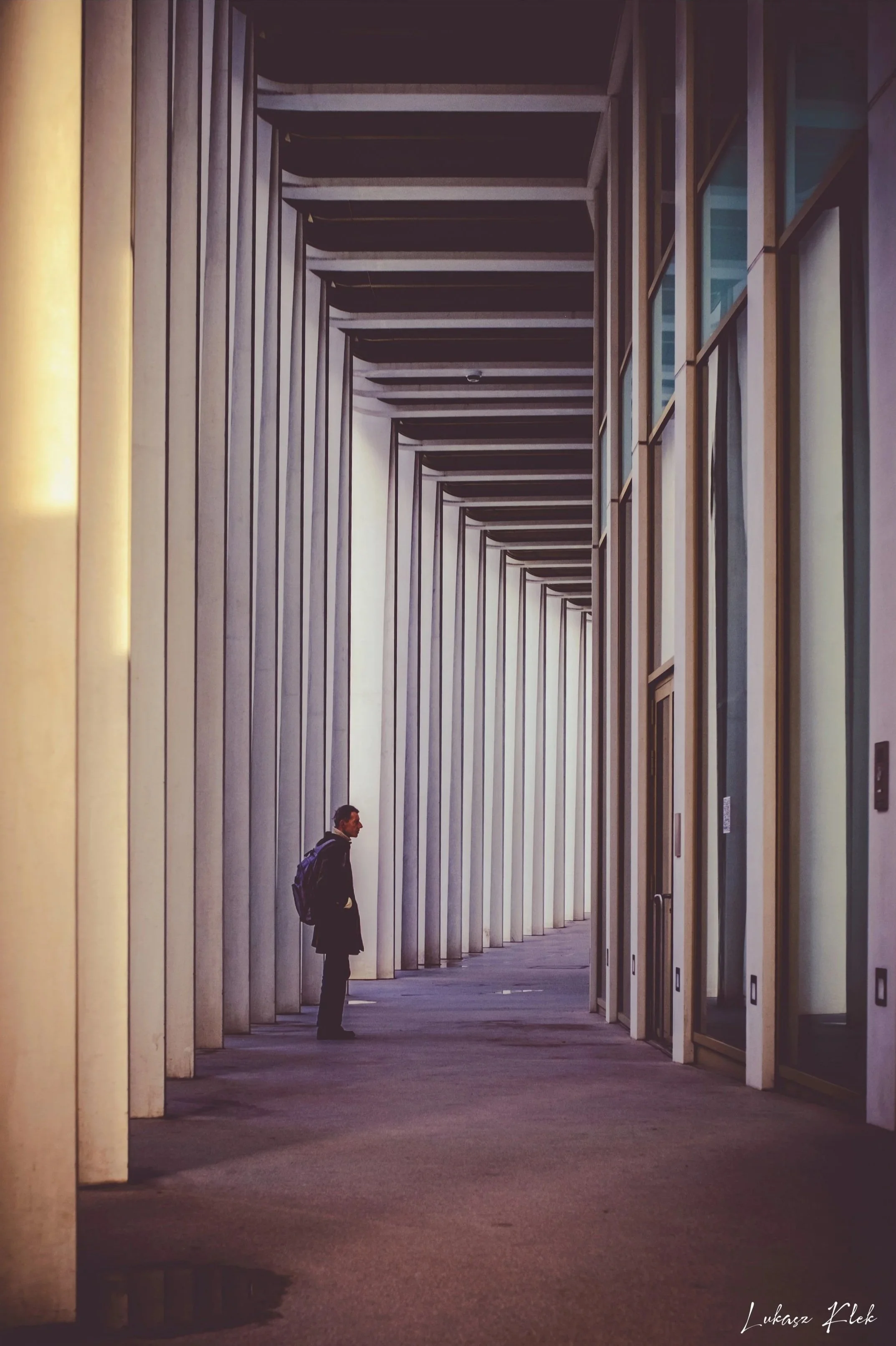 A man standing inside a modern building corridor with tall vertical columns on one side and glass windows on the other, looking through the window.