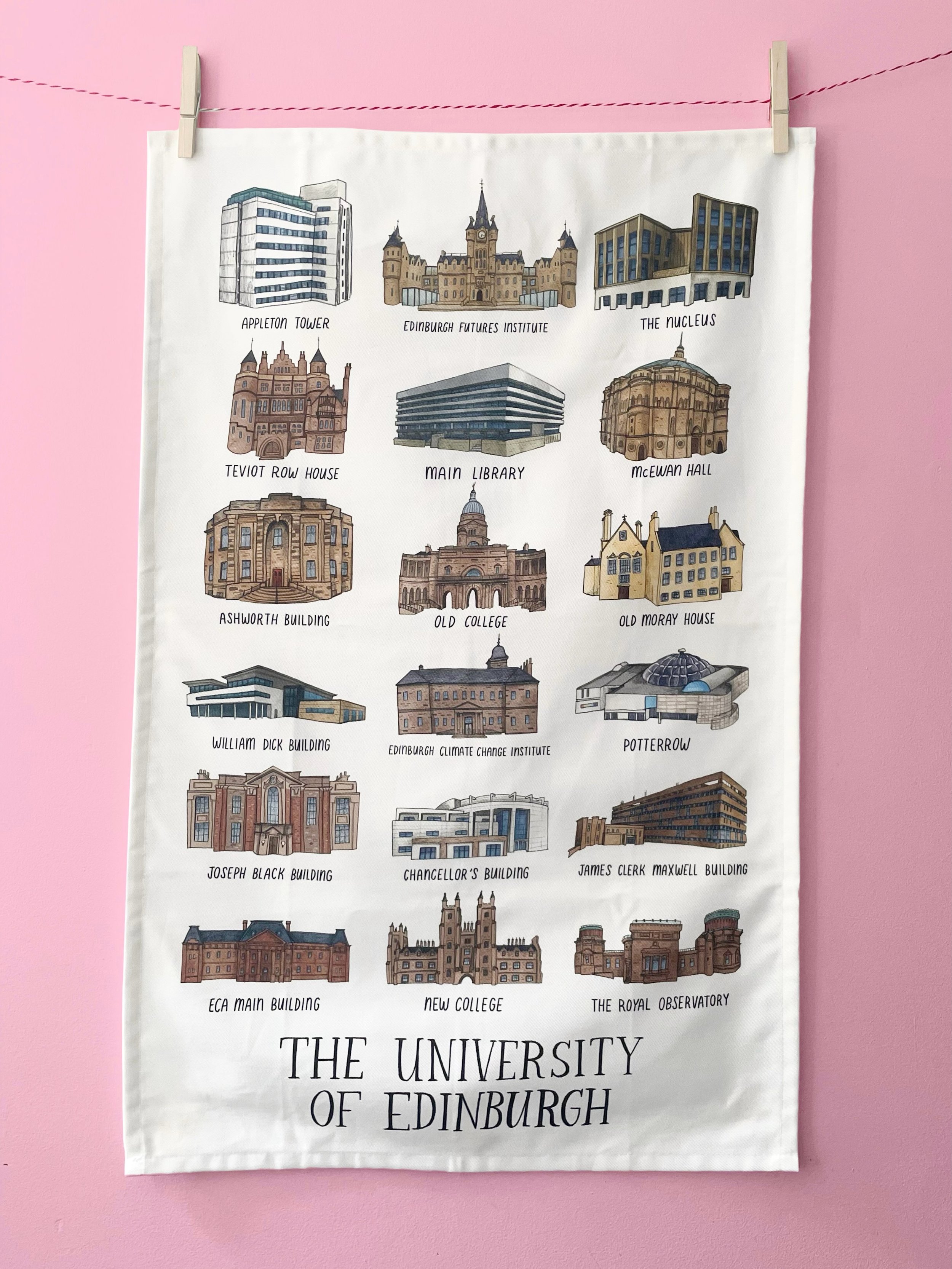 How cute is this tea towel being sold at @uofe_shop ?!?! 💗🏰💫🎓

This is another bit of merch using my University of Edinburgh building illustrations I did a while back - there&rsquo;s a tote bag, pin badges, postcards and now this gorgeous tea tow